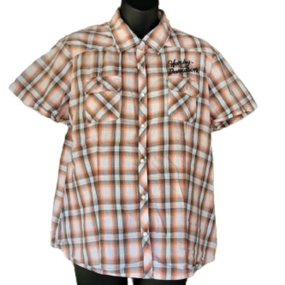 Harley Davidson orange white and black plaid short sleeve shirt size L